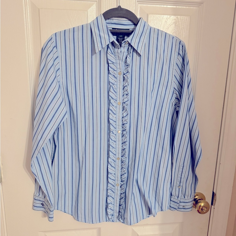 Lauren Ralph Lauren Blue Striped Ruffle Button Down Women’s Size Small